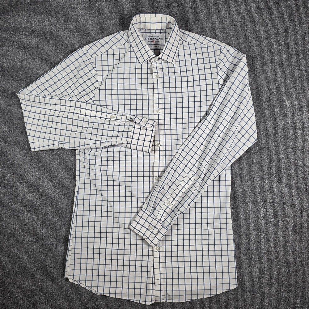 Mizzen+Main Leeward Dress Shirt Medium Tall Trim Fit Blue White Windowpane Check